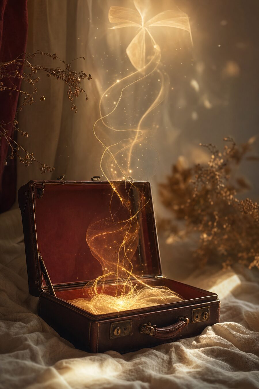 An open vintage suitcase with warm golden light rising from it, symbolizing baggage transformed into hope.