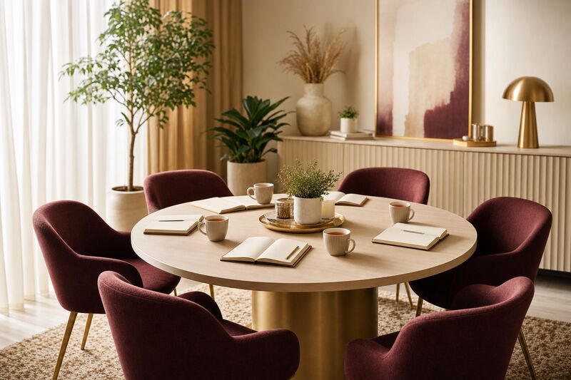 A bright workshop room with a round table set with open notebooks and tea for a small group.